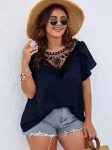 SHEIN Clasi Áo sơ mi Plus Size Tương phản ren Buộc lại Khối Màu Giải trí - Màu xanh hải quân - Xem 1