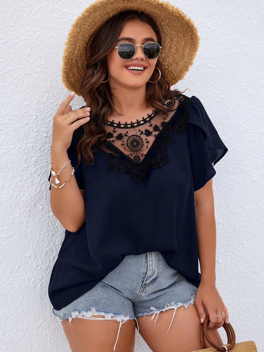 SHEIN Clasi Áo sơ mi Plus Size Tương phản ren Buộc lại Khối Màu Giải trí - Màu xanh hải quân - Xem 1