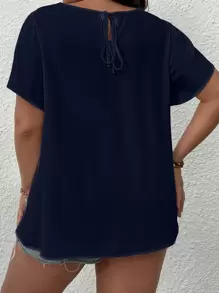 SHEIN Clasi Áo sơ mi Plus Size Tương phản ren Buộc lại Khối Màu Giải trí - Màu xanh hải quân - Xem 2