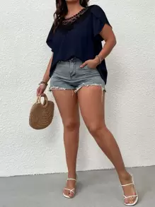 SHEIN Clasi Áo sơ mi Plus Size Tương phản ren Buộc lại Khối Màu Giải trí - Màu xanh hải quân - Xem 3