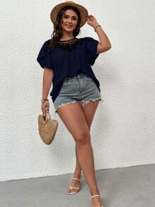SHEIN Clasi Áo sơ mi Plus Size Tương phản ren Buộc lại Khối Màu Giải trí - Màu xanh hải quân - Xem 4