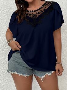 SHEIN Clasi Áo sơ mi Plus Size Tương phản ren Buộc lại Khối Màu Giải trí - Màu xanh hải quân - Xem 5
