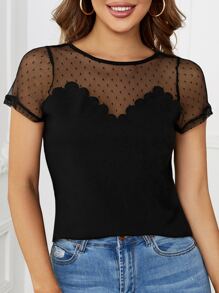 SHEIN Clasi Áo thun nữ Tương phản Mesh Sò điệp cắt màu trơn Gợi cảm - màu đen - Xem 1