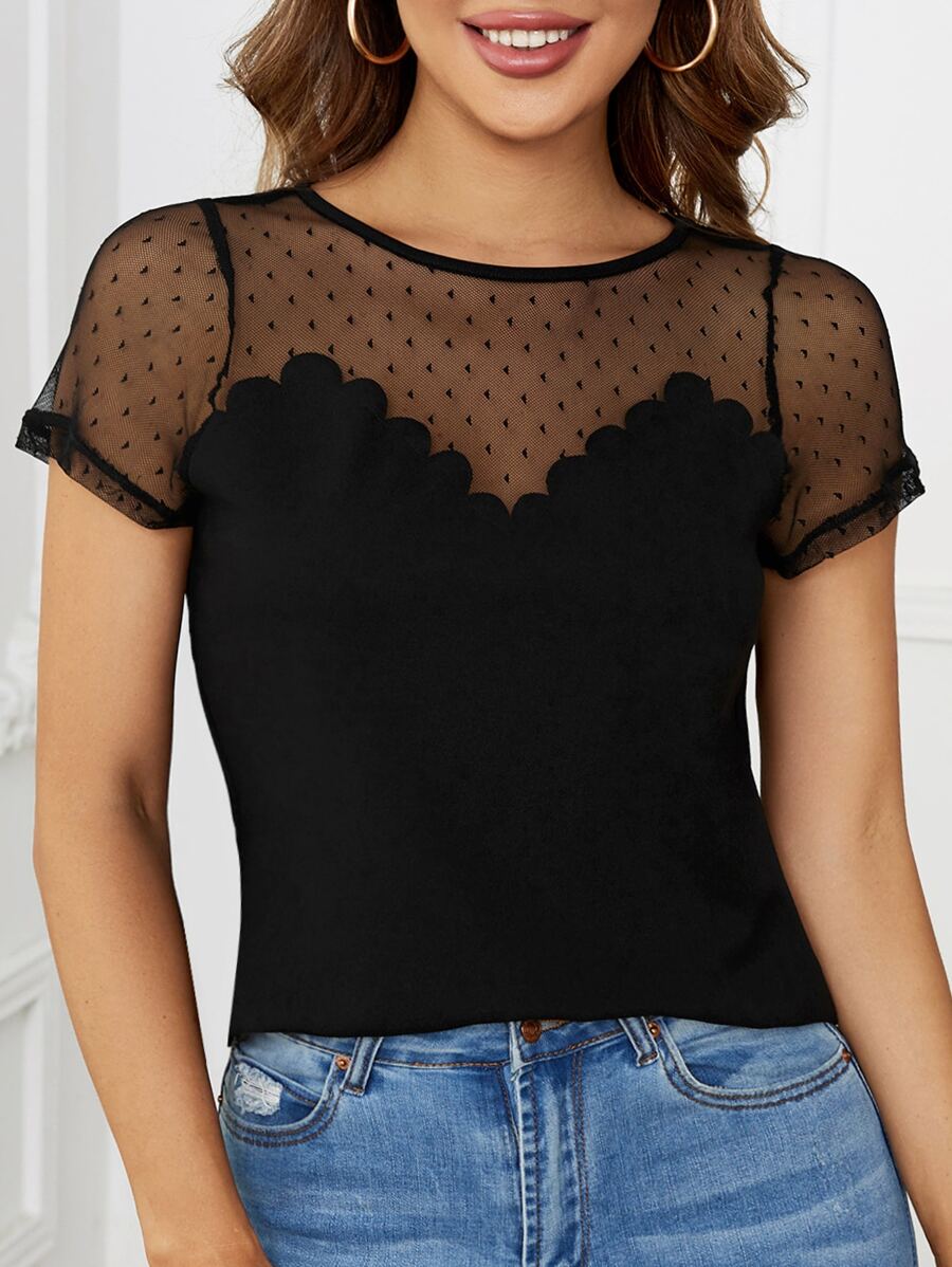 SHEIN Clasi Áo thun nữ Tương phản Mesh Sò điệp cắt màu trơn Gợi cảm - màu đen - Xem 1