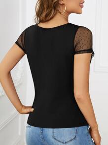 SHEIN Clasi Áo thun nữ Tương phản Mesh Sò điệp cắt màu trơn Gợi cảm - màu đen - Xem 2