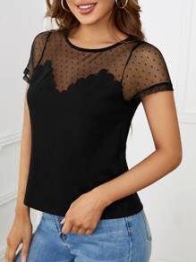 SHEIN Clasi Áo thun nữ Tương phản Mesh Sò điệp cắt màu trơn Gợi cảm - màu đen - Xem 4