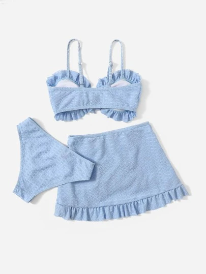 Swim Mod Tween Girl 3 件装系带前褶边比基尼套装带沙滩裙配套套装夏季海滩