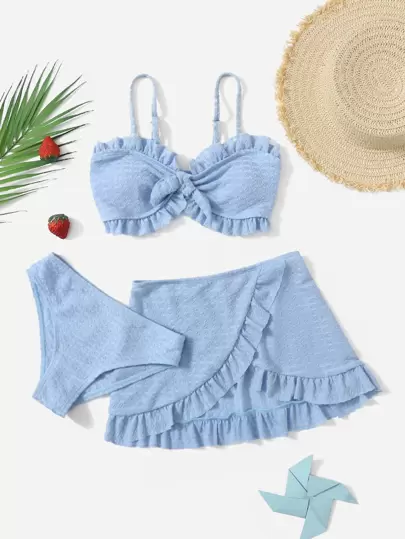 Swim Mod Tween Girl 3 gói Thắt Nơ Phía Trước Viền Ren Bộ Bikini Kèm Váy Đi Biển Phù Hợp Với Bộ Đi Biển Mùa Hè