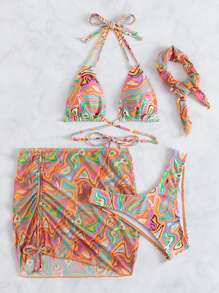 Swim Vcay Summer Beach Swirl Bikini Set Lace Up Triangle Bra & High Cut Bottom & Beach Skirt & Headband 4 Piece Bathing Suit - Multicolor - View 4