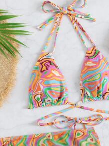 Swim Vcay Summer Beach Swirl Bikini Set Lace Up Triangle Bra & High Cut Bottom & Beach Skirt & Headband 4 Piece Bathing Suit - Multicolor - View 5