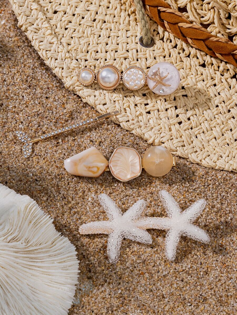 4pcs Rhinestone & Starfish Hair Clip Street - Multicolor - View 1