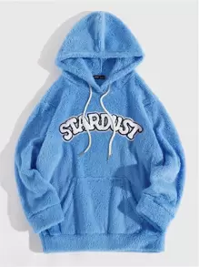 SHEIN Unity 字母刺繡絨毛連帽衫 - 藍色 - 查看 1