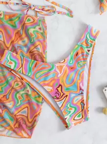 Swim Vcay Summer Beach Swirl Bikini Set Lace Up Triangle Bra & High Cut Bottom & Beach Skirt & Headband 4 Piece Bathing Suit - Multicolor - View 6