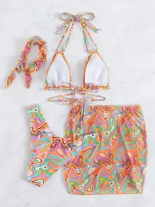 Swim Vcay Summer Beach Swirl Bikini Set Lace Up Triangle Bra & High Cut Bottom & Beach Skirt & Headband 4 Piece Bathing Suit - Multicolor - View 7