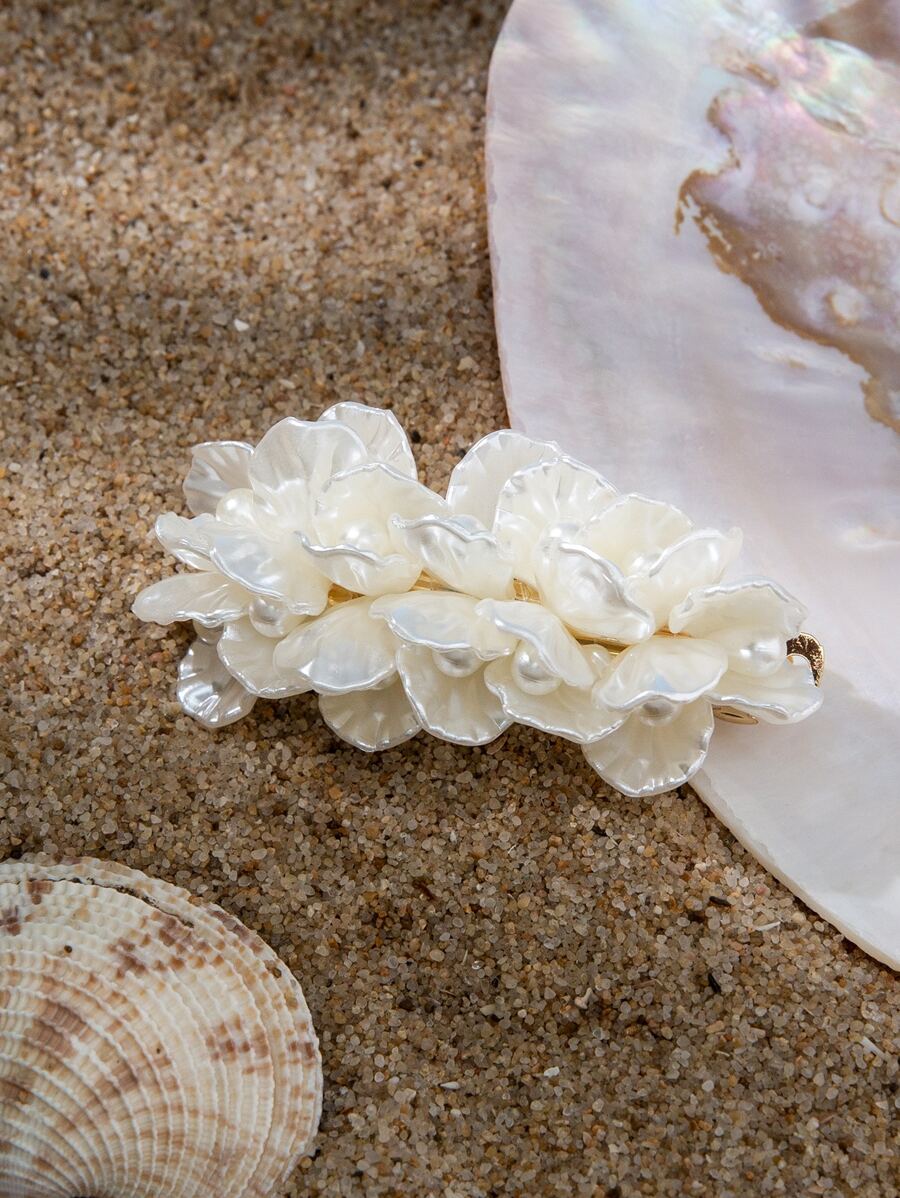 Flower & Faux Pearl Decor French Clip - White - View 1