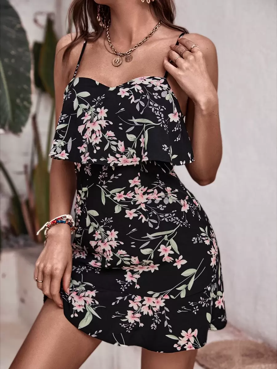 SHEIN VCAY Vestido de tirantes con estampado floral ribete con fruncido - Negro - Ver 1