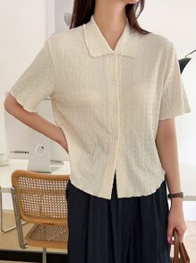 DAZY Nút lên kết cấu rau diếp Trim Tee - Màu be - Xem 8