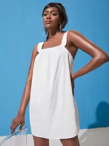 SHEINNeu 素色露背吊帶連衣裙 - 白色 - 查看 3