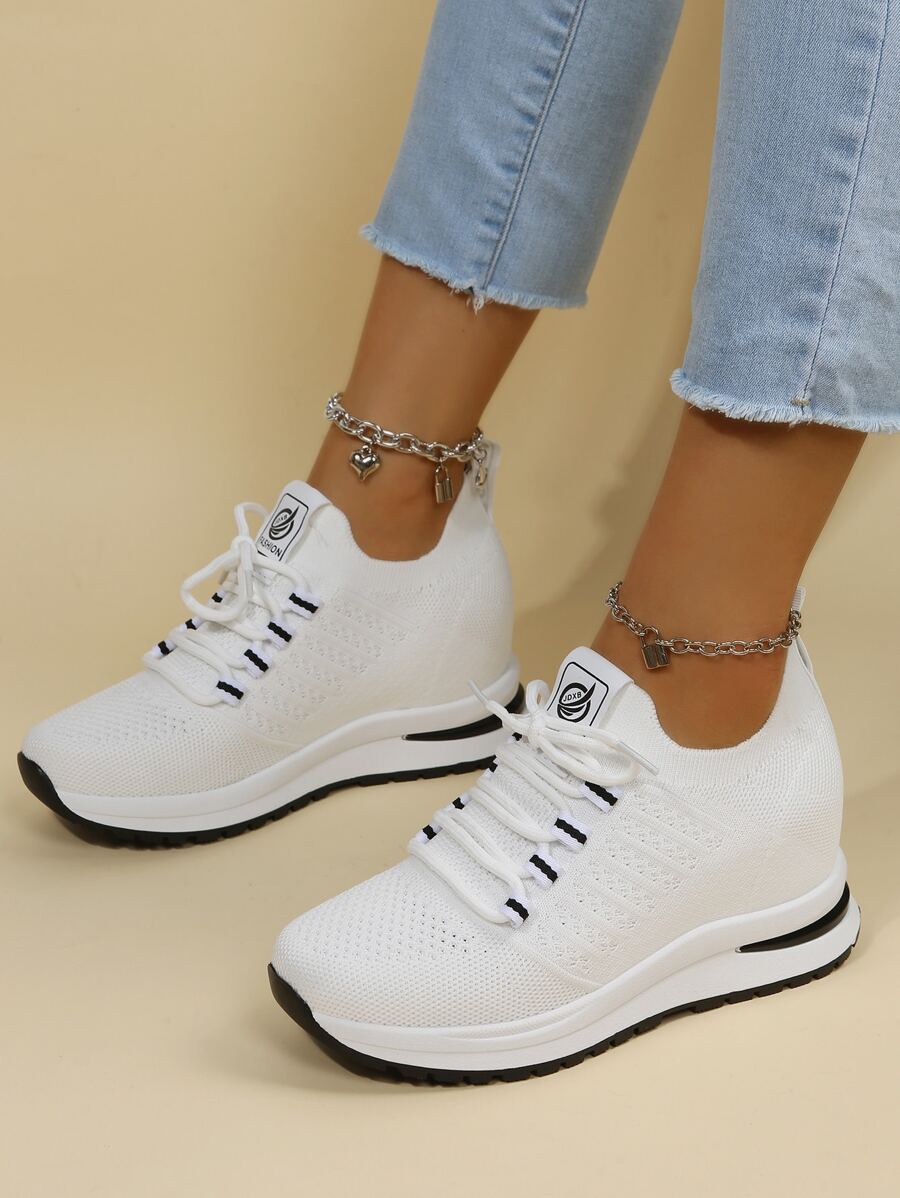 Lace-up Front Wedge Sneakers - White - View 1