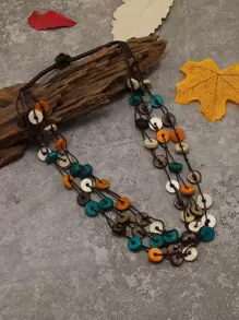 Wooden Round Decor Layered Necklace - Multicolor - View 1