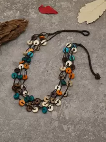 Wooden Round Decor Layered Necklace - Multicolor - View 2