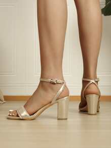 Glamorous Ankle Strap Sandals For Women, Metallic Stitch Detail Chunky Heeled Sandals - Gold - View 2