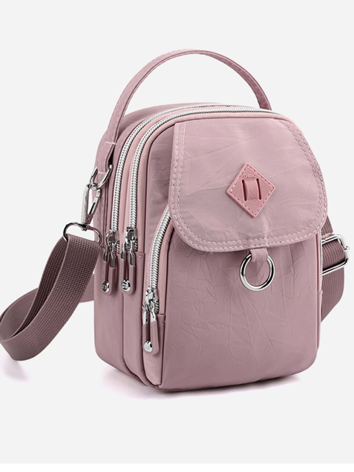 字母貼布翻蓋手提包 - 粉色 - 查看 1