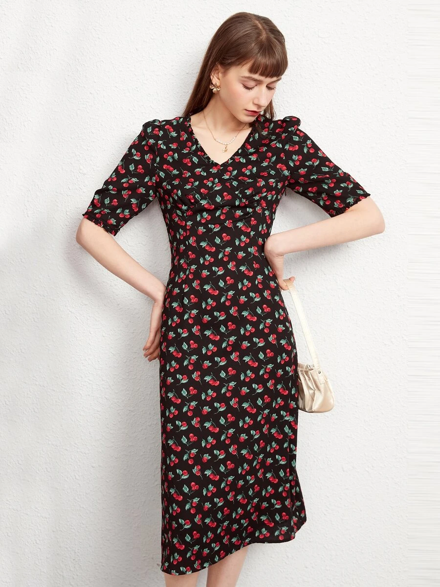 Cherry Print Puff Sleeve Dress - Multicolor - View 1