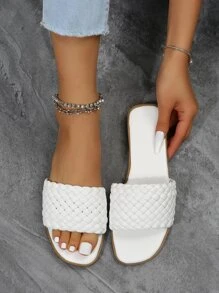 Weave Detail Slide Sandals - White - View 1