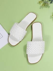 Weave Detail Slide Sandals - White - View 2