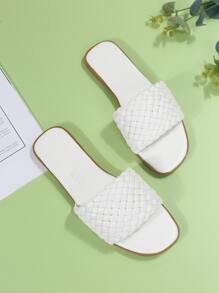 Weave Detail Slide Sandals - White - View 3