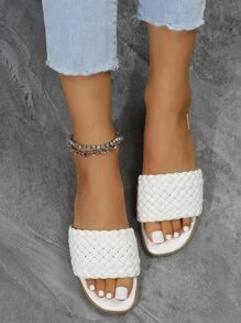 Weave Detail Slide Sandals - White - View 5