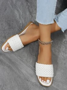 Weave Detail Slide Sandals - White - View 7