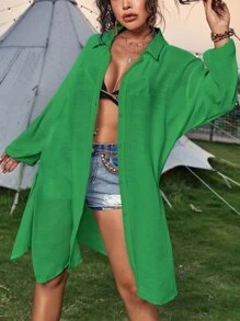Button Front Split Kimono For Summer Beach Vacation - Green - View 1