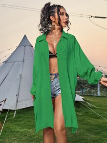 Button Front Split Kimono For Summer Beach Vacation - Green - View 3