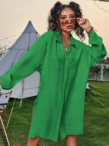 Button Front Split Kimono For Summer Beach Vacation - Green - View 6