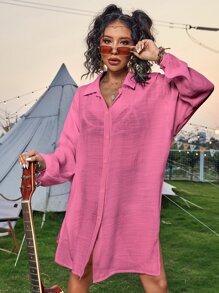 SHEIN Swim 前紐扣開叉和服罩衫 - 玫紅色 - 查看 4