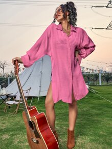 SHEIN Swim 前紐扣開叉和服罩衫 - 玫紅色 - 查看 7