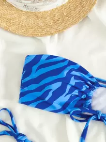 Swim Vcay 斑馬紋比基尼套裝鏤空抹胸文胸和丁字褲下裝2入組泳衣 - 寶藍色 - 查看 4