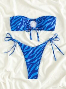 Swim Vcay 斑馬紋比基尼套裝鏤空抹胸文胸和丁字褲下裝2入組泳衣 - 寶藍色 - 查看 5