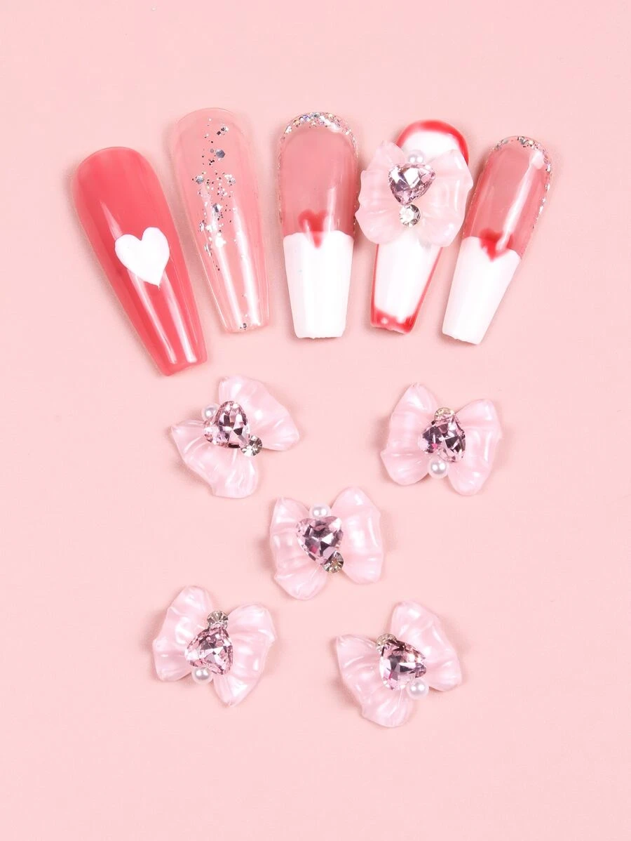 Instantly Upgrade Your Look With Nail Art Decoration 5pcs Bow Knot Heart Shaped Pink Nail Decoration For Women And Girls DIY Nail Charms Nail Gems Nail Supplies - Multicolor - View 1