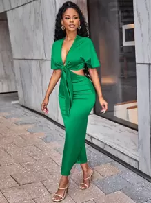 VaVaBold Bộ đồ hai mảnh nữ Thắt nơ trước màu trơn Gợi cảm - màu xanh lá - Xem 3