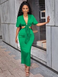 VaVaBold Bộ đồ hai mảnh nữ Thắt nơ trước màu trơn Gợi cảm - màu xanh lá - Xem 5