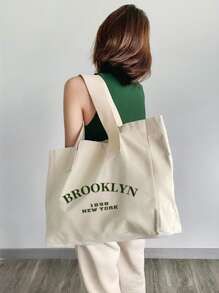 Bolsa de compras con estampado de letra - Beis - Ver 1