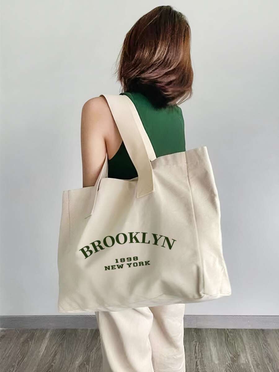 Bolsa de compras con estampado de letra - Beis - Ver 1