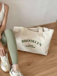 Bolsa de compras con estampado de letra - Beis - Ver 4