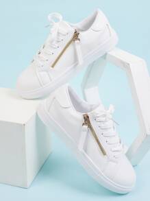 Metallic Zip Front Lace-up Front Sneakers - White - View 1
