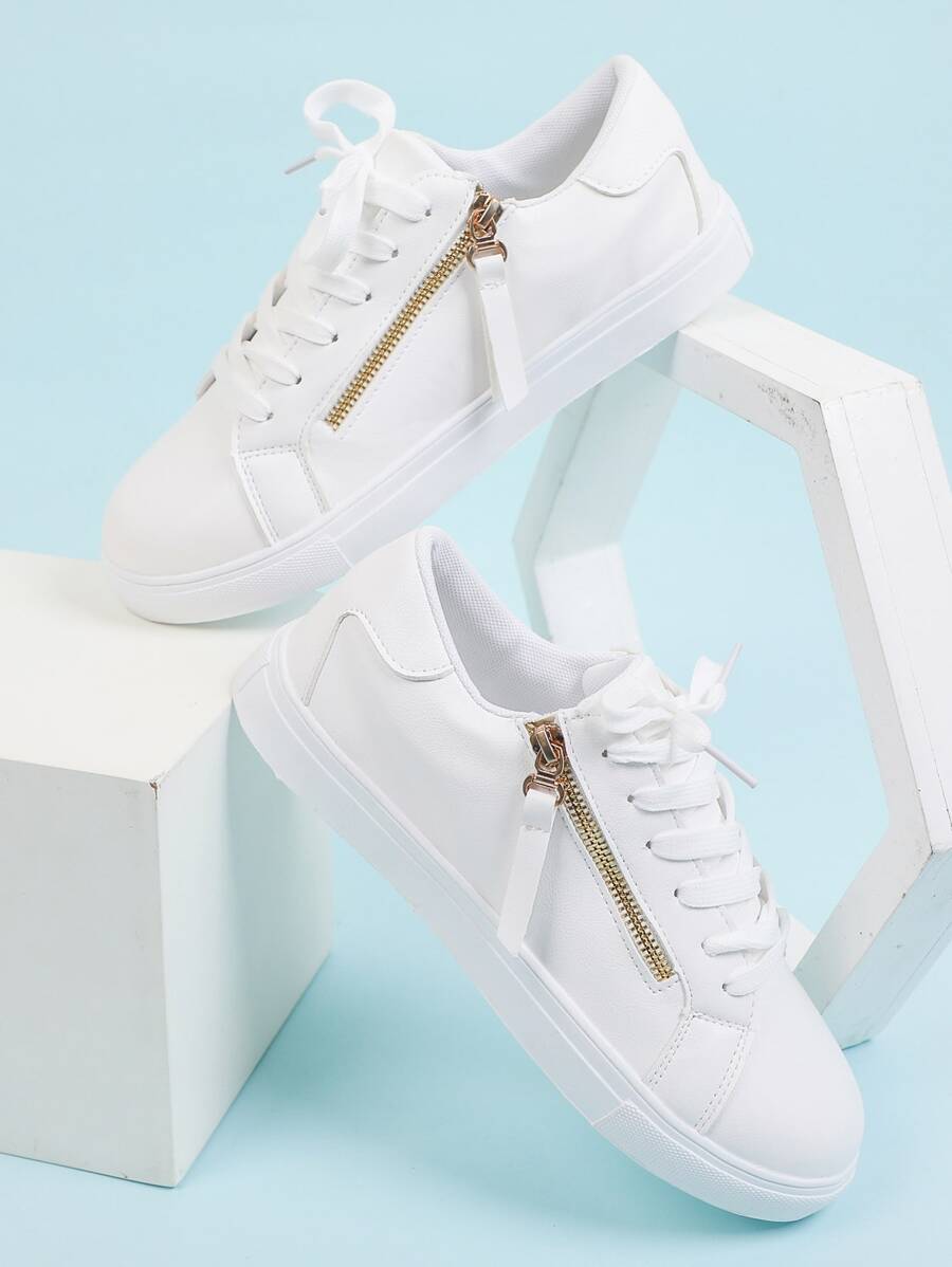 Metallic Zip Front Lace-up Front Sneakers - White - View 1