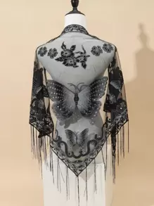 Thời trang nữ ren bướm in tua rua khăn quàng cổ - màu đen - Xem 1