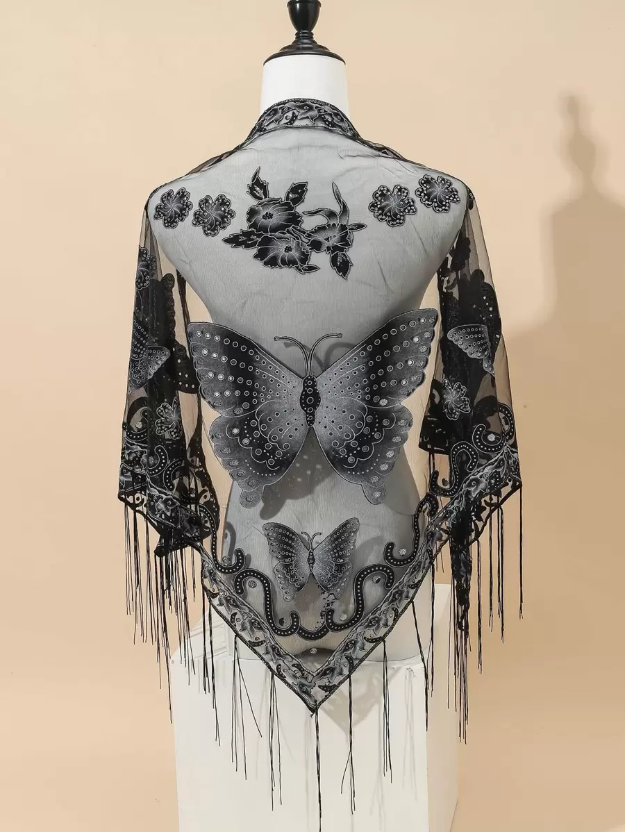 Thời trang nữ ren bướm in tua rua khăn quàng cổ - màu đen - Xem 1